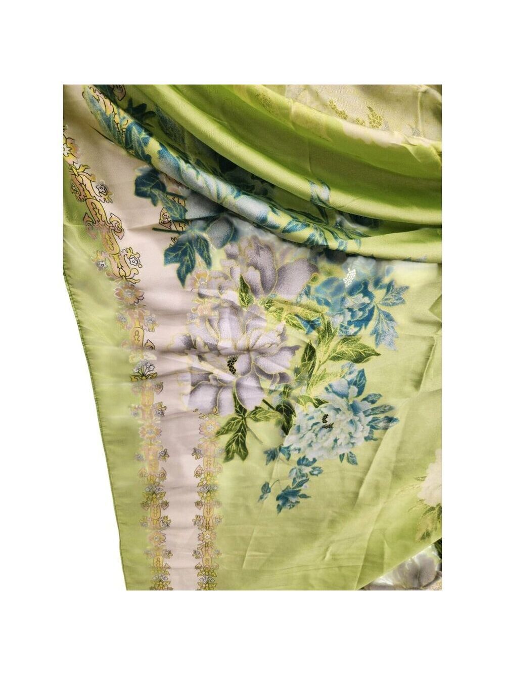Green Floral Satin Scarf Lightweight Shawl Wrap Elegant Summer Accessory - Picture 9 of 12